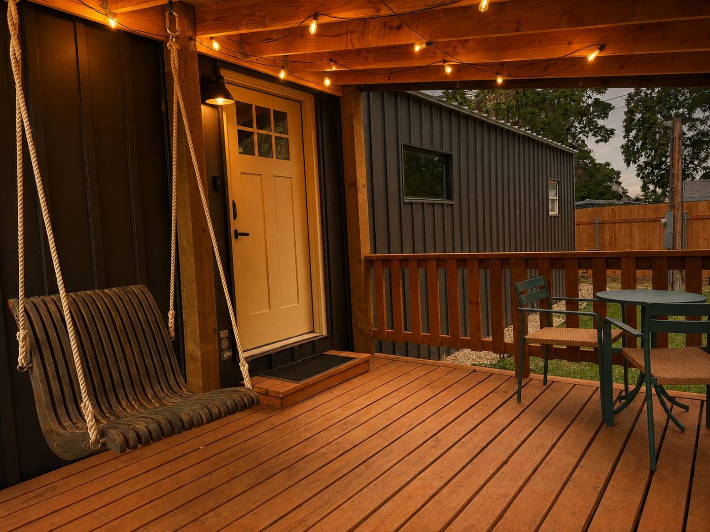 Covered deck at dusk with a rope swing chair, bistro table and string lights over cedar decking